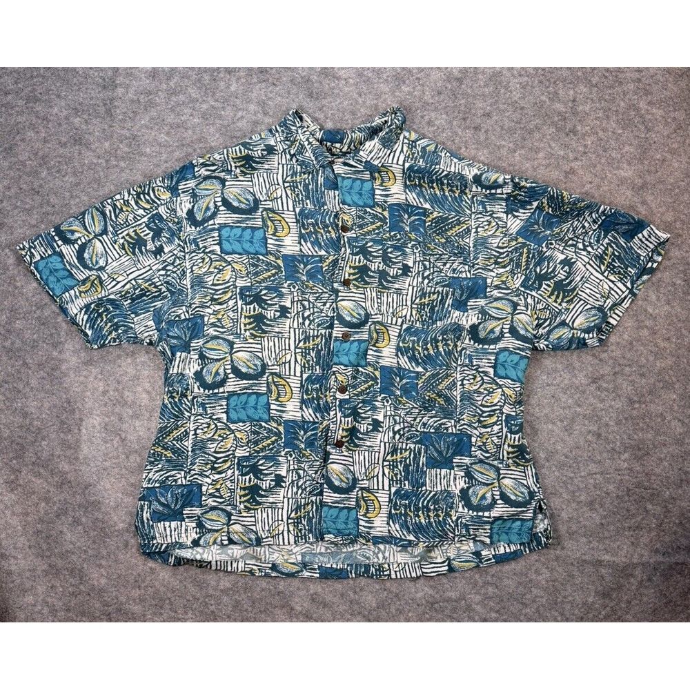 Vintage High Sierra Men XL Short Sleeve 100% Rayon Blue Yellow‎ Plant Leaf AOP